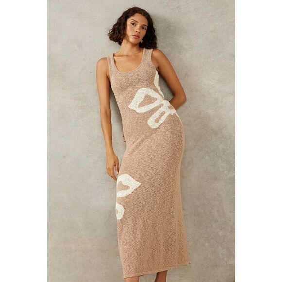 MON RENN BLOOM KNIT MIDI DRESS  TAN AND white Vacation Dress  size S NWT$229 - Picture 3 of 9
